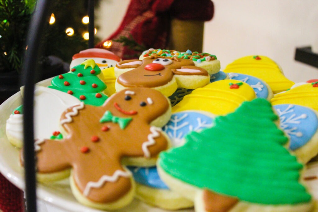 plate of christmas themed decorated sugar cookies